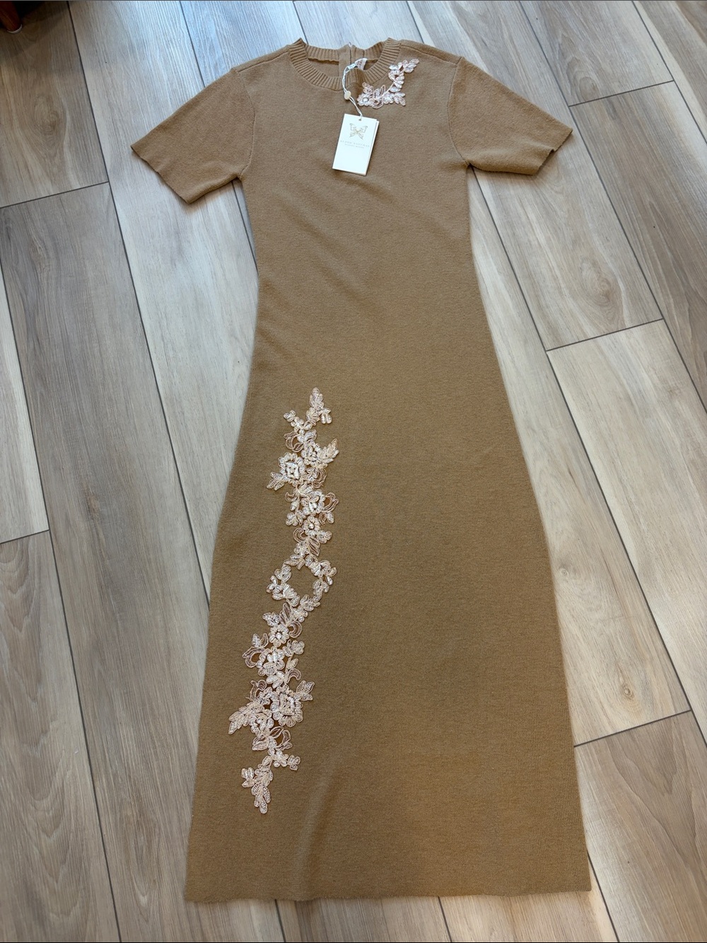 New Super Natural Knit Maxi Dress with Floral Applique - Tan